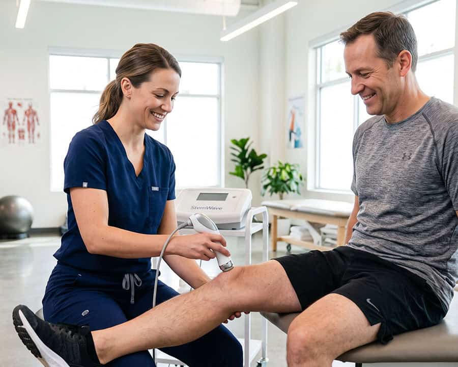 physical therapist performing stemwave therapy on a patient's knee